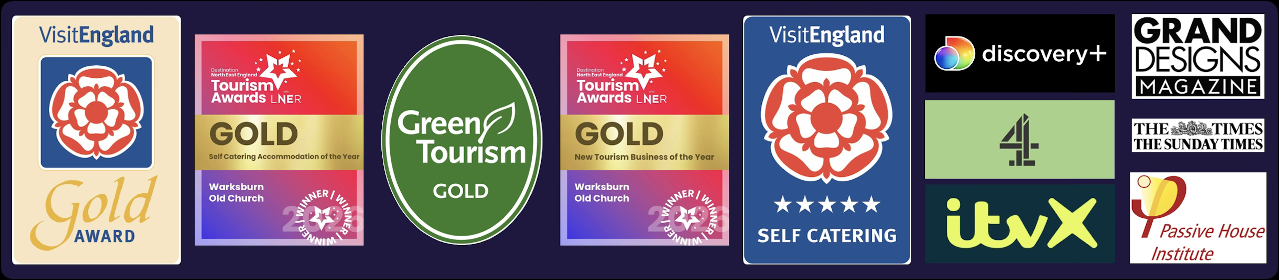 Warksburn Old Church Passivhaus certification, VisitEngland 5 Star, NEETA Gold Awards, and Media Partners